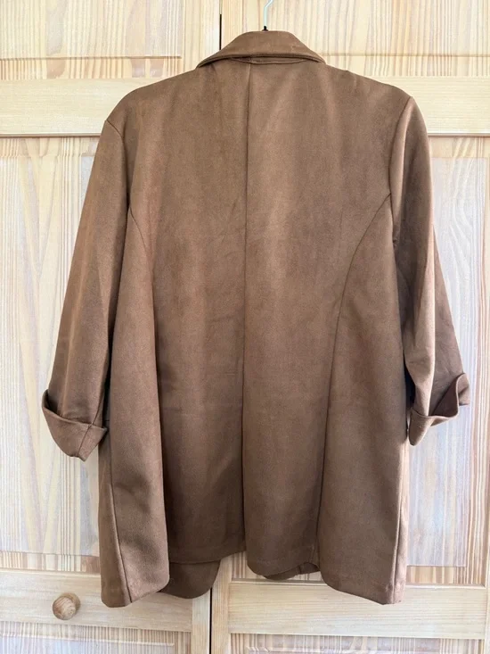 NWT Maurices Brown Open-Front Faux Suede Blazer with 3/4 Sleeves - Picture 3 of 10